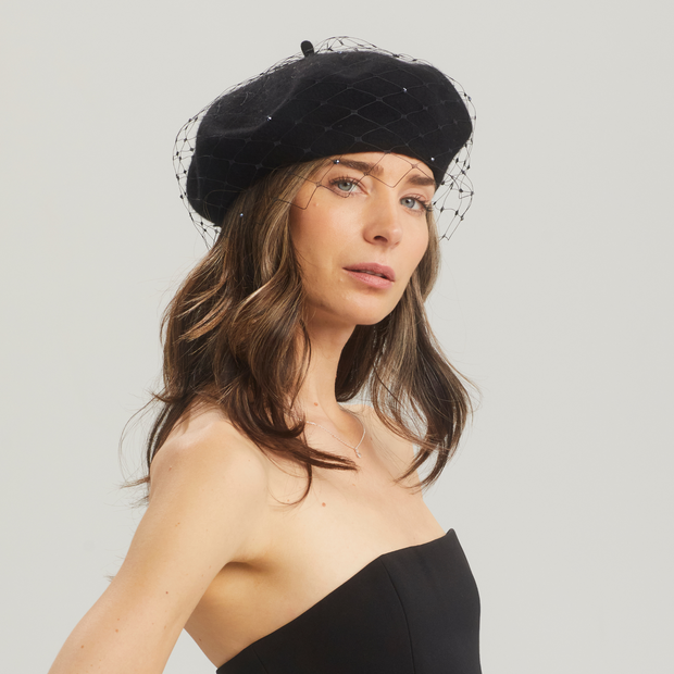 Bobby Beret with Sparkle Veil - Black