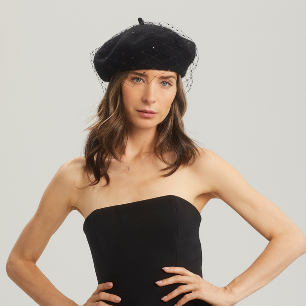 Bobby Beret with Sparkle Veil - Black