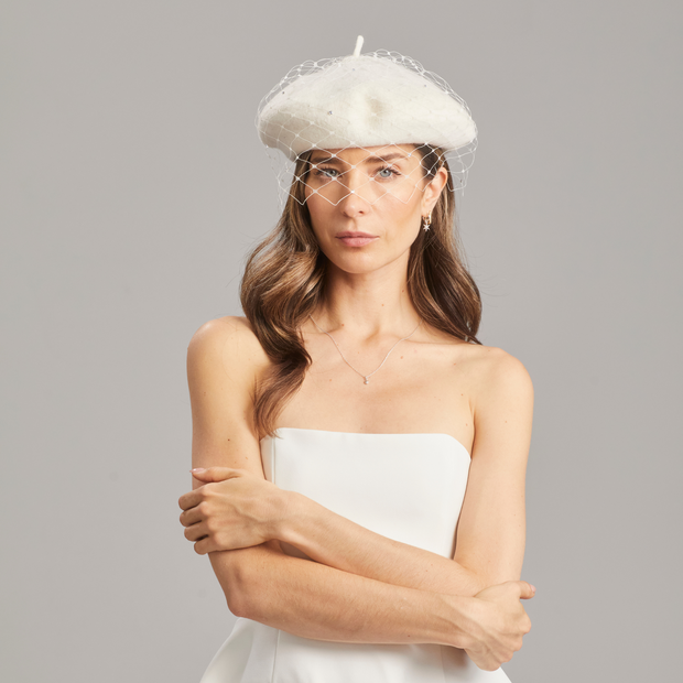 Bobby Beret with Sparkle Veil - White