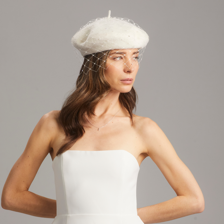 Bobby Beret with Sparkle Veil - White